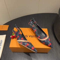 LV HIGH SLINGBACK LOGO AND CHERRY PRINT 25S 55MM IN CHARCOAL BLACK DENIM
