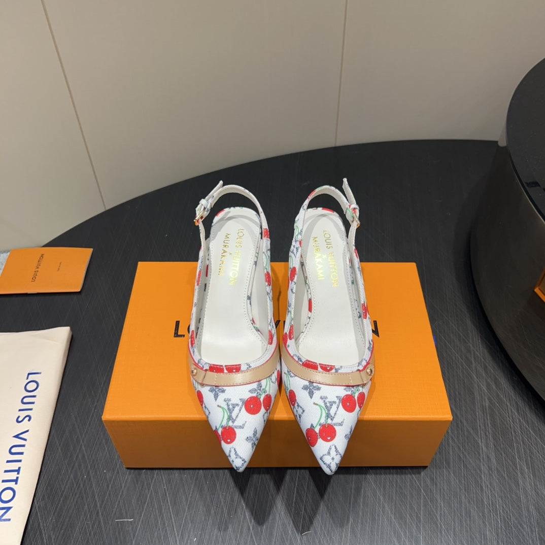 LV HIGH SLINGBACK LOGO AND CHERRY PRINT 25S 55MM IN WHITE DENIM