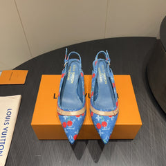 LV HIGH SLINGBACK LOGO AND CHERRY PRINT 25S 55MM IN BLUE DENIM