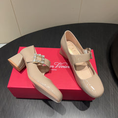 ROGER VIVIER 25S TRÈS VIVIER 50MM IN NUDE CALFSKIN WITH RHINESTONE BUCKLE