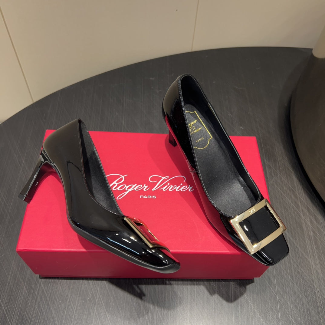 ROGER VIVIER 25S BELLE VIVIER PUMPS 70MM IN BLACK CALFSKIN GOLD BUCKLE