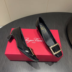ROGER VIVIER 25S BELLE VIVIER PUMPS 45MM IN BLACK CALFSKIN GOLD BUCKLE