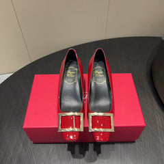 ROGER VIVIER 25S BELLE VIVIER PUMPS 45MM IN CRIMSON RED CALFSKIN GOLD BUCKLE