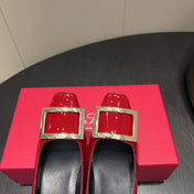 ROGER VIVIER 25S BELLE VIVIER PUMPS 45MM IN CRIMSON RED CALFSKIN GOLD BUCKLE