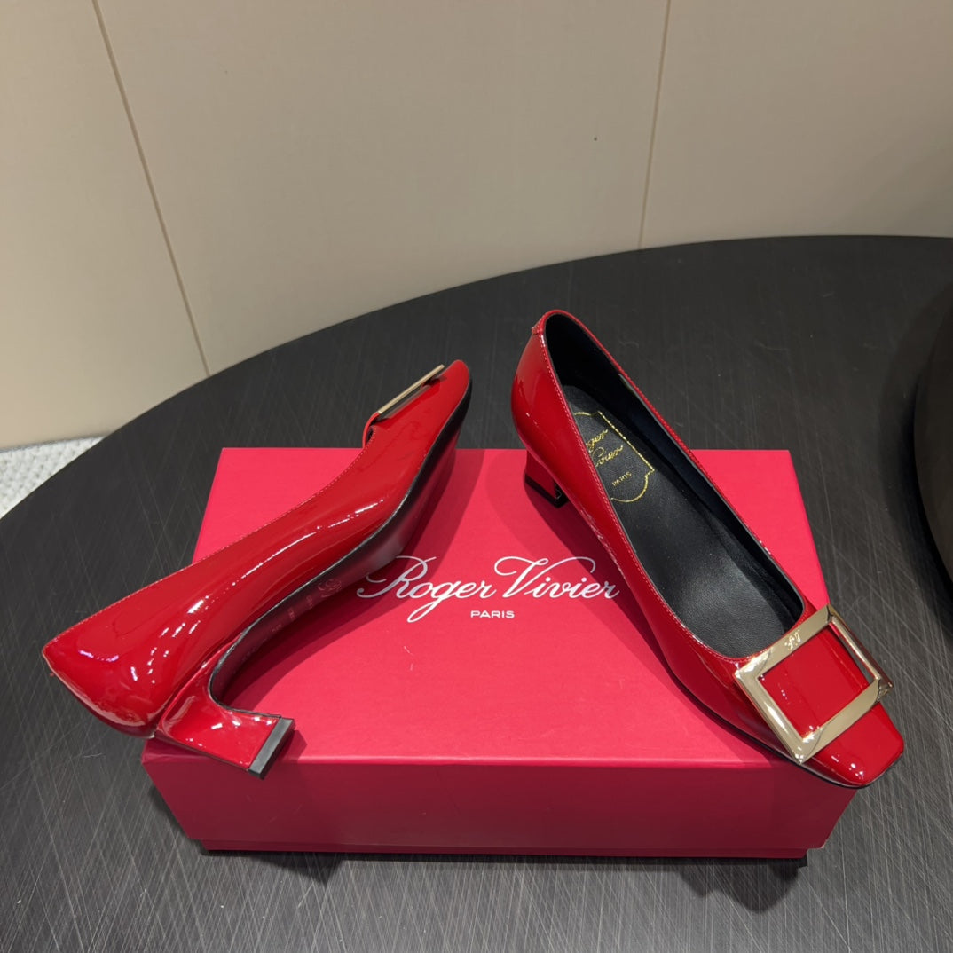 ROGER VIVIER 25S BELLE VIVIER PUMPS 45MM IN CRIMSON RED CALFSKIN GOLD BUCKLE