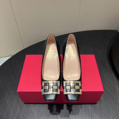 ROGER VIVIER 25S TROMPETTE SQUARE TOE HIGH HEELS 70MM IN BLACK SHINY CALFSKIN