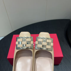 ROGER VIVIER 25S TROMPETTE SQUARE TOE HIGH HEELS 70MM IN NUDE SHINY CALFSKIN