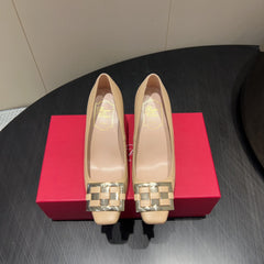 ROGER VIVIER 25S TROMPETTE SQUARE TOE HIGH HEELS 70MM IN NUDE SHINY CALFSKIN