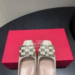 ROGER VIVIER 25S TROMPETTE SQUARE TOE HIGH HEELS 45MM IN IVORY SHINY CALFSKIN