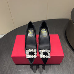 ROGER VIVIER 25S POINTED TOE HIGH HEELS 70MM IN BLACK VELVET EMBELLISHED CRYSTALS