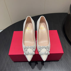 ROGER VIVIER 25S POINTED TOE HIGH HEELS 70MM IN WHITE VELVET EMBELLISHED CRYSTALS