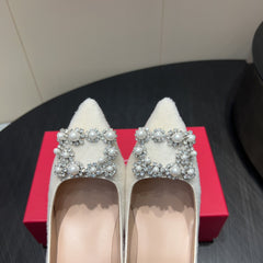 ROGER VIVIER 25S POINTED TOE HIGH HEELS 70MM IN WHITE VELVET EMBELLISHED CRYSTALS