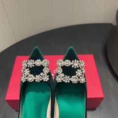 ROGER VIVIER 25S POINTED TOE HIGH HEELS 70MM IN TEAL GREEN VELVET EMBELLISHED CRYSTALS