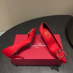 ROGER VIVIER 25S POINTED TOE HIGH HEELS 70MM IN BRIGHT RED SILK EMBELLISHED CRYSTALS