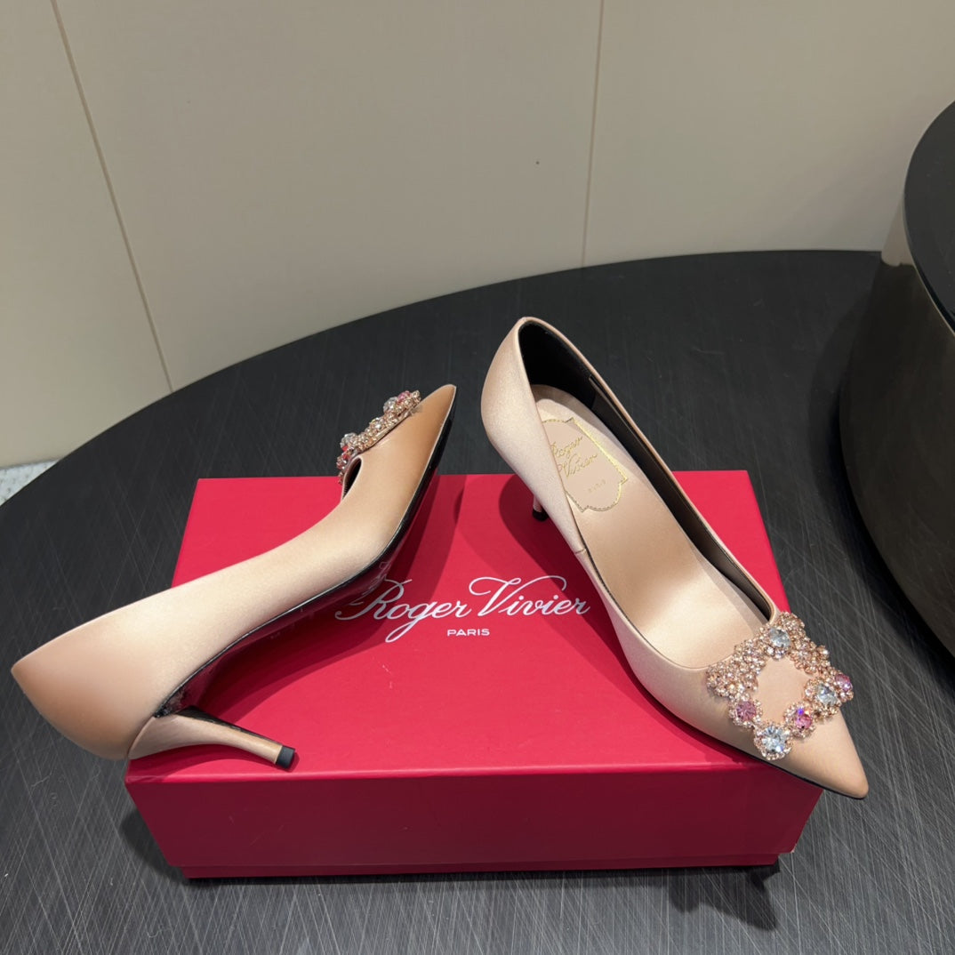ROGER VIVIER 25S POINTED TOE HIGH HEELS 70MM IN DARK NUDE SILK EMBELLISHED CRYSTALS