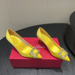 ROGER VIVIER 25S POINTED TOE HIGH HEELS 70MM IN BRIGHT YELLOW SILK EMBELLISHED CRYSTALS