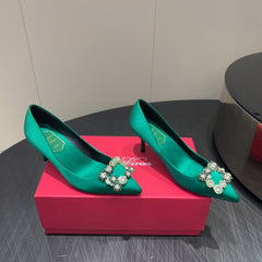 ROGER VIVIER 25S POINTED TOE HIGH HEELS 70MM IN TEAL GREEN SILK EMBELLISHED CRYSTALS