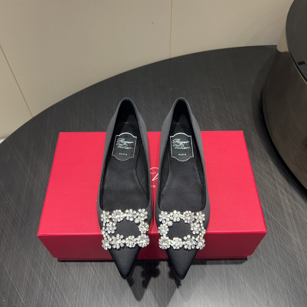 ROGER VIVIER 25S GRETE BALLET FLATS IN BLACK SILK WITH EMBELLISHED CRYSTALS