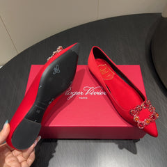 ROGER VIVIER 25S GRETE BALLET FLATS IN BRIGHT RED SILK WITH EMBELLISHED CRYSTALS
