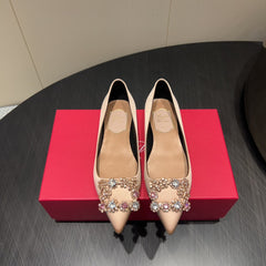 ROGER VIVIER 25S GRETE BALLET FLATS IN DARK NUDE SILK WITH EMBELLISHED CRYSTALS