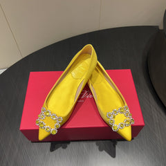 ROGER VIVIER 25S GRETE BALLET FLATS IN BRIGHT YELLOW SILK WITH EMBELLISHED CRYSTALS