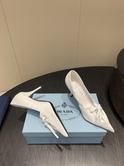 PRADA 25S POINTED TOE HIGH HEELS 85MM IN IVORY LAMBSKIN WITH TIE UP DESIGN