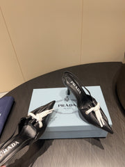 PRADA 25S POINTED TOE SLINGBACK 85MM IN BLACK LAMBSKIN WITH TIE UP DESIGN