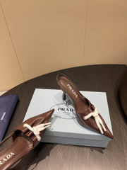 PRADA 25S POINTED TOE SLINGBACK 85MM IN DARK BROWN LAMBSKIN WITH TIE UP DESIGN