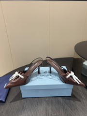 PRADA 25S POINTED TOE SLINGBACK 85MM IN DARK BROWN LAMBSKIN WITH TIE UP DESIGN