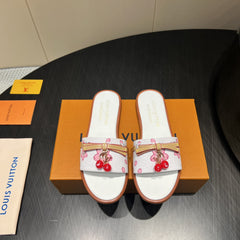 LV SLIDE SANDALS 25S IN WHITE CALFSKIN WITH CHERRY BLOSSOM BUCKLE