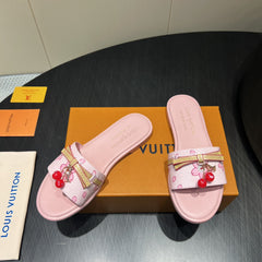 LV SLIDE SANDALS 25S IN LIGHT PINK CALFSKIN WITH CHERRY BLOSSOM BUCKLE