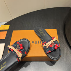 LV SLIDE SANDALS 25S IN BLACK DENIM AND CALFSKIN WITH CHERRY BLOSSOM BUCKLE