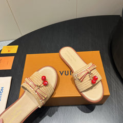 LV SLIDE SANDALS 25S IN BEIGE RAFFIA AND CALFSKIN WITH CHERRY BLOSSOM BUCKLE