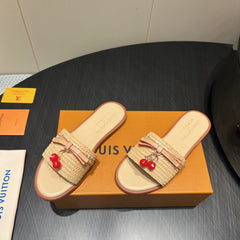 LV SLIDE SANDALS 25S IN BEIGE RAFFIA AND CALFSKIN WITH CHERRY BLOSSOM BUCKLE