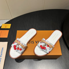 LV SLIDE SANDALS 25S IN WHITE DENIM AND CALFSKIN WITH CHERRY BLOSSOM BUCKLE
