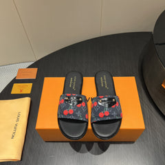 LV SLIDE SANDALS 25S IN BLACK DENIM AND CALFSKIN WITH LOGO PRINT