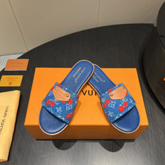 LV SLIDE SANDALS 25S IN DARK BLUE DENIM AND CALFSKIN WITH LOGO PRINT