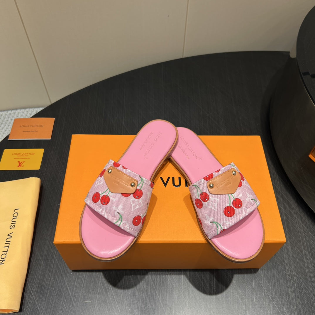 LV SLIDE SANDALS 25S IN PINK DENIM AND CALFSKIN WITH LOGO PRINT