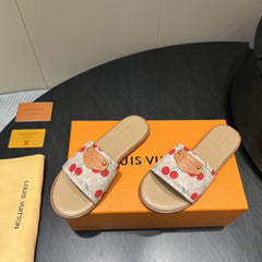 LV SLIDE SANDALS 25S IN BEIGE DENIM AND CALFSKIN WITH LOGO PRINT