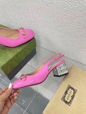 GG WOMEN'S HORSEBIT SLINGBACK IN FUSCIA PINK CALFSKIN WITH RHINSTONES