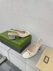 GG WOMEN'S HORSEBIT SLINGBACK IN WHITE CALFSKIN WITH RHINSTONES
