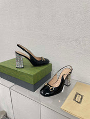 GG WOMEN'S HORSEBIT SLINGBACK 95MM IN BLACK CALFSKIN WITH RHINSTONES