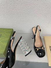 GG WOMEN'S HORSEBIT SLINGBACK 95MM IN BLACK CALFSKIN WITH RHINSTONES