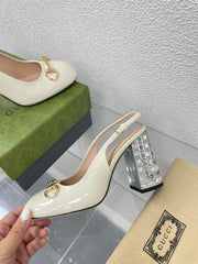 GG WOMEN'S HORSEBIT SLINGBACK 95MM IN WHITE CALFSKIN WITH RHINSTONES