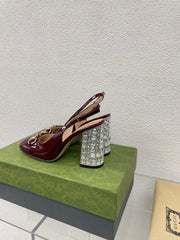 GG WOMEN'S HORSEBIT SLINGBACK 95MM IN WINE RED CALFSKIN WITH RHINSTONES