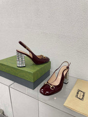 GG WOMEN'S HORSEBIT SLINGBACK 95MM IN WINE RED CALFSKIN WITH RHINSTONES