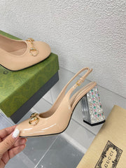 GG WOMEN'S HORSEBIT SLINGBACK 95MM IN TAN BEIGE CALFSKIN WITH RHINSTONES