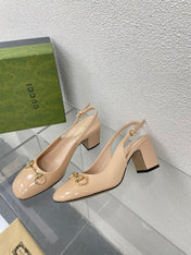 GG WOMEN'S HORSEBIT SLINGBACK 75MM IN TAN BEIGE CALFSKIN
