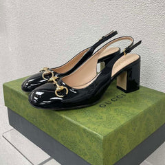 GG WOMEN'S HORSEBIT SLINGBACK 75MM IN BLACK CALFSKIN