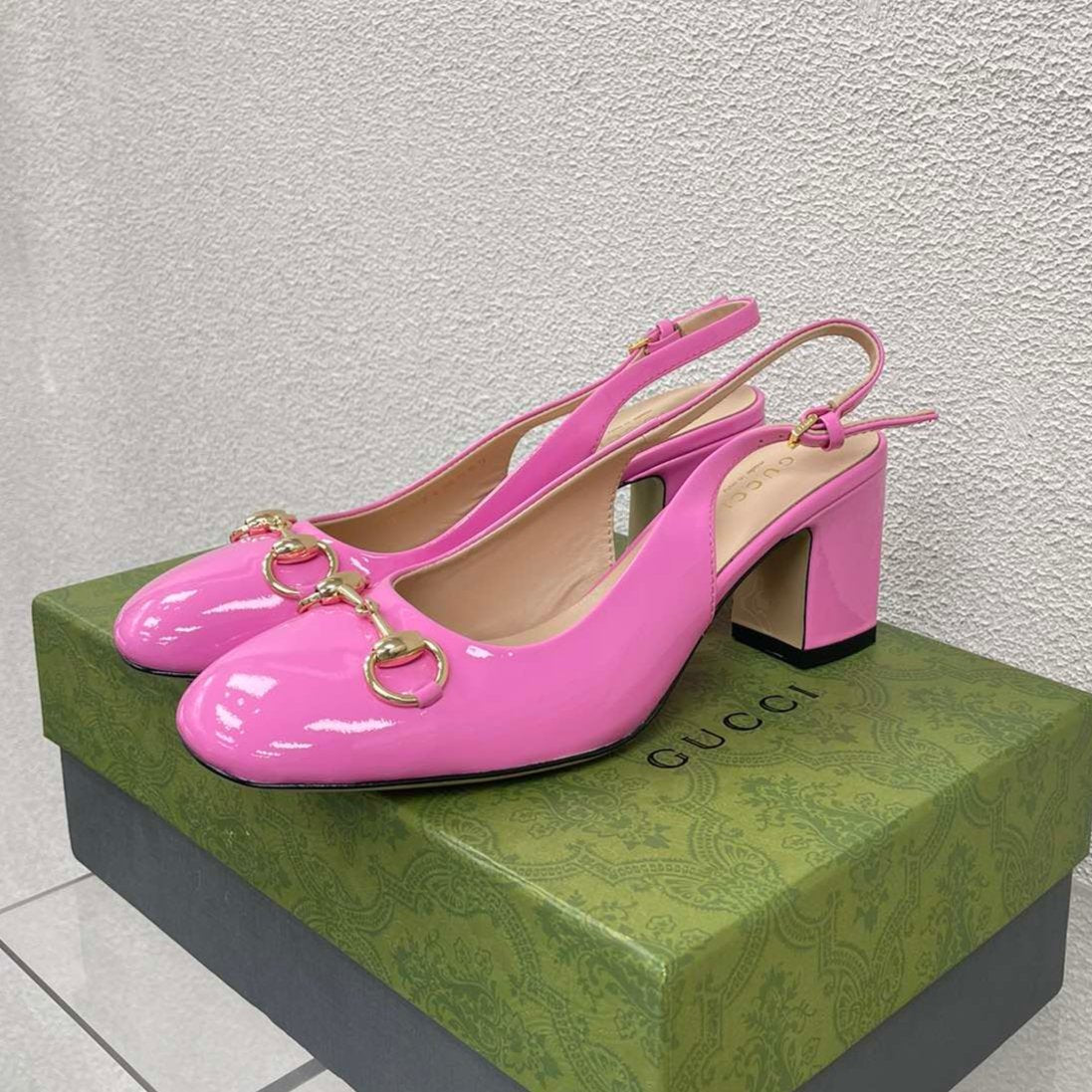 GG WOMEN'S HORSEBIT SLINGBACK 75MM IN FUSICA PINK CALFSKIN